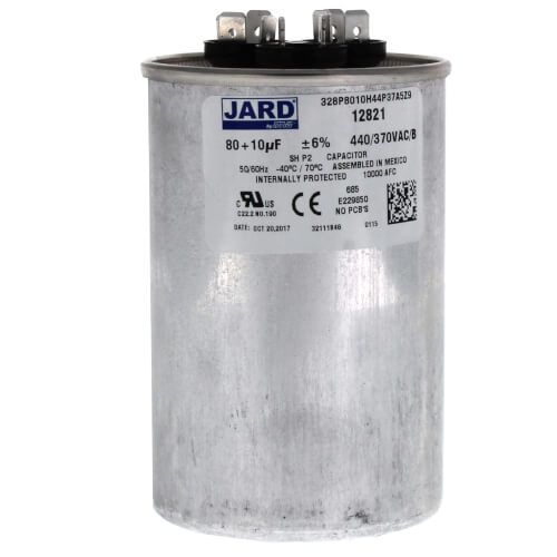 Jard 12821 - 80/10 MFD Round Run Capacitor (440V) Brand: Jard SKU: 12821 (1) Q&A: