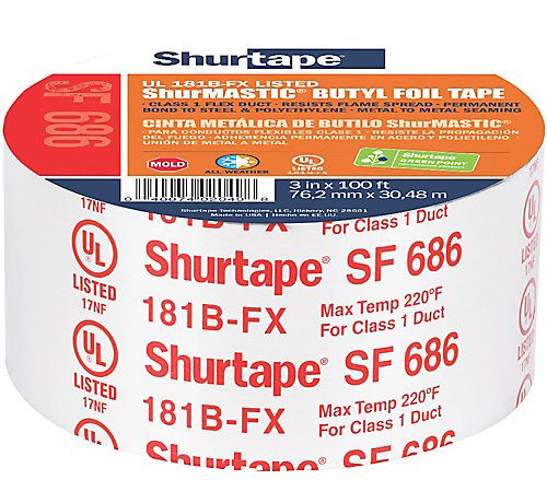 Lennox 33N63 - SF 686 UL 181B-FX Listed/Printed ShurMASTIC Butyl Foil Tape, 3" x 100', Silver Printed