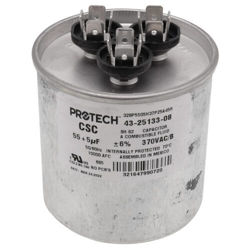 Rheem 43-25133-08 - 55/5 MFD Dual Round Run Capacitor (370V)