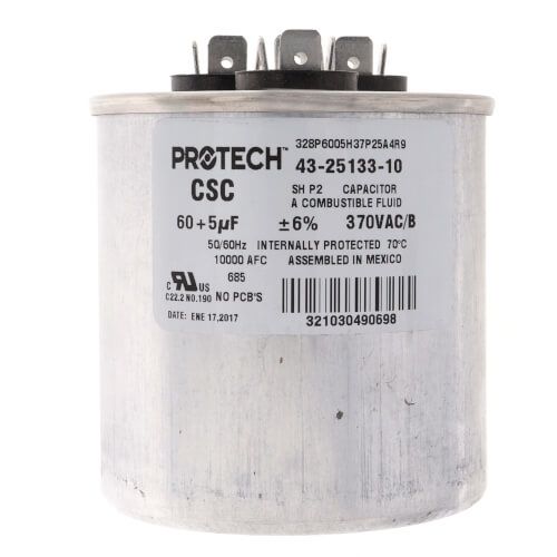 Rheem 43-25133-10 - 60/5 MFD Dual Round Capacitor (370V)