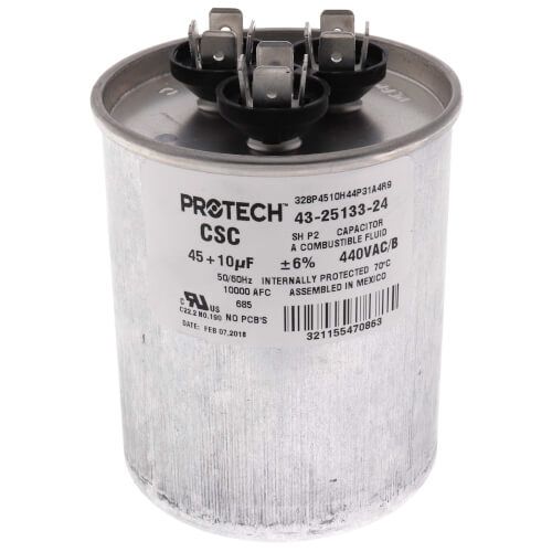 Rheem 43-25133-24 - 45/10 MFD Round Dual Run Capacitor (440V)