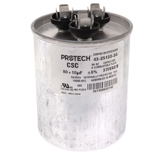 Rheem 43-25133-34 - 80/10 MFD Round Run Capacitor (370V)