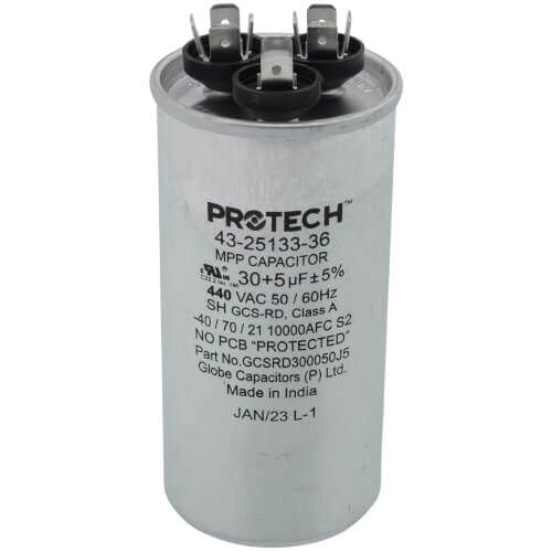 Rheem 43-25133-36 - Dual Round Capacitor - 30/5 uF, 440 VAC, 2.120 x 3.940 (max.) in.