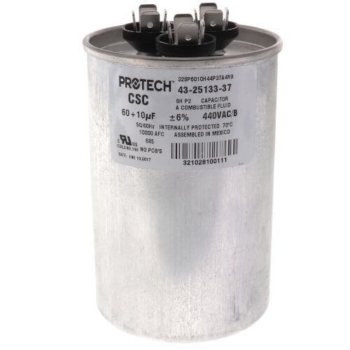 Rheem 43-25133-37 - Dual Round Capacitor - 60/10 uF, 440 VAC, 2.620 x 3.940 (max.) in.