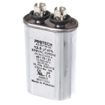 Rheem 43-25134-05 - Single Oval Capacitor - 12.5 uF, 370 VAC, 1.310 x 2.160 x 3.810 (max.) in.