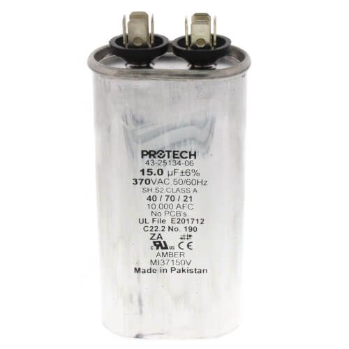 Rheem 43-25134-06 - Single Oval Capacitor - 15 uF, 370 VAC, 1.310 x 2.160 x 4.250 (max.) in.