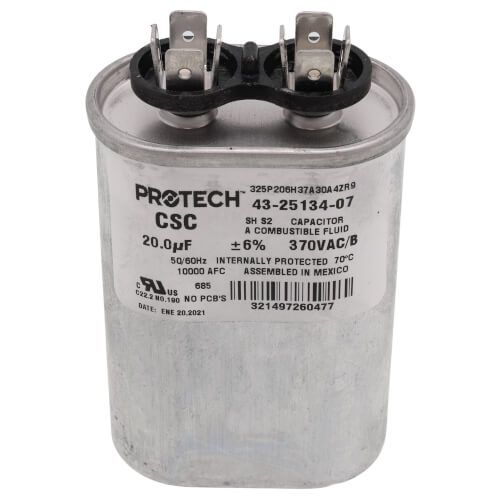 Rheem 43-25134-07 - Single Oval Capacitor - 20 uF, 370 VAC, 1.310 x 2.160 x 5.750 (max.) in.