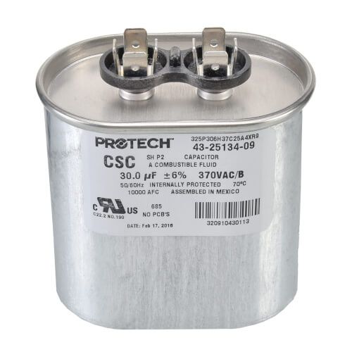 Rheem 43-25134-09 - Single Oval Capacitor - 30 uF, 370 VAC, 1.910 x 2.910 x 3.940 (max.) in.