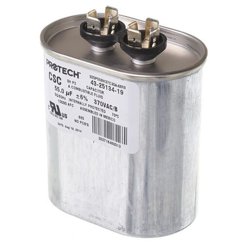 Rheem 43-25134-19 - Single Oval Capacitor - 55 uF, 370 VAC, 1.910 x 2.910 x 4.660 (max.) in.