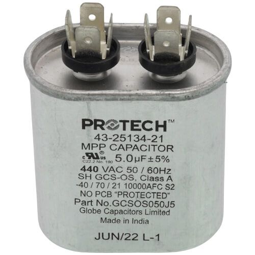 Rheem 43-25134-21 - Single Oval Capacitor - 5 uF, 440 VAC, 1.310 x 2.160 x 2.850 (max.) in.