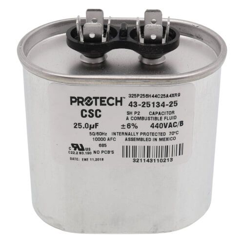 Rheem 43-25134-25 - Single Oval Capacitor - 25 uF, 440 VAC, 1.910 x 2.910 x 3.880 (max.) in.