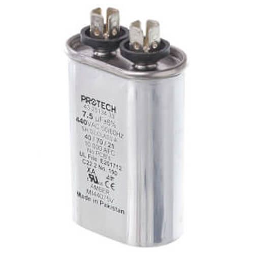 Rheem 43-25134-33 - Single Oval Capacitor - 7.5 uF, 440 VAC, 1.310 x 2.160 x 2.880 (max.) in.