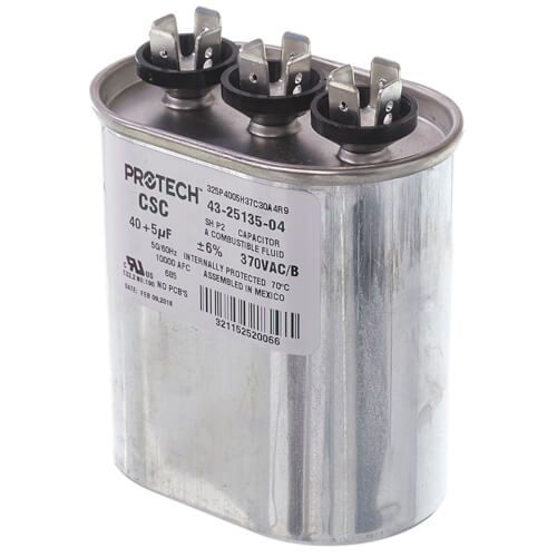 Rheem 43-25135-04 - Dual Oval Capacitor - 40/5 uF, 370 VAC, 1.890 x 2.900 x 3.940 (max.) in.