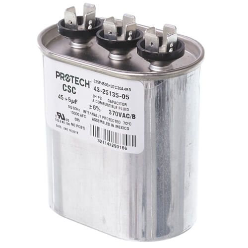 Rheem 43-25135-05 - Dual Oval Capacitor - 45/5 uF, 370 VAC, 1.890 x 2.900 x 3.940 (max.) in.