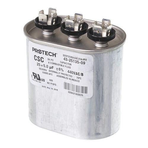 Rheem 43-25135-09 - Dual Oval Capacitor - 25/5 uF, 440 VAC, 1.890 x 2.900 x 3.940 (max.) in.