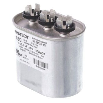 Rheem 43-25135-15 - Dual Oval Capacitor - 25/3 uF, 370 VAC, 1.890 x 2.900 x 2.950 (max.) in.