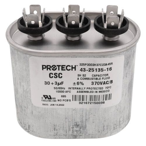 Rheem 43-25135-16 - Dual Oval Capacitor - 30/3 uF, 370 VAC, 1.890 x 2.900 x 3.940 (max.) in.