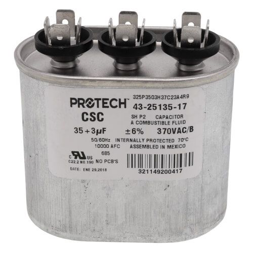 Rheem 43-25135-17 - Dual Oval Capacitor - 35/3 uF, 370 VAC, 1.890 x 2.900 x 3.940 (max.) in.