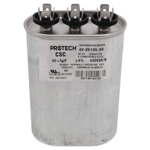 Rheem 43-25135-20 - Dual Oval Capacitor - 40/3 uF, 440 VAC, 1.890 x 2.900 x 4.920 (max.) in.