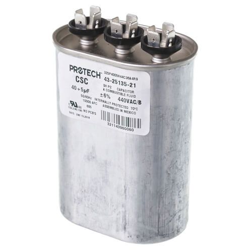 Rheem 43-25135-21 - Dual Oval Capacitor - 40/5 uF, 440 VAC, 1.890 x 2.900 x 4.920 (max.) in.
