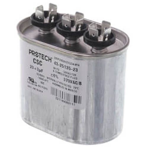 Rheem 43-25135-23 - Dual Oval Capacitor - 20/3 uF, 370 VAC, 1.890 x 2.900 x 2.950 (max.) in.
