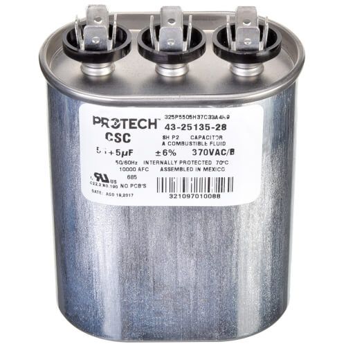Rheem 43-25135-28 - Dual Oval Capacitor - 55/5 uF, 370 VAC, 1.890 x 2.900 x 4.920 (max.) in.