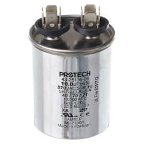 Rheem 43-25136-06 - Single Round Capacitor - 10 uF, 370 VAC, 1.890 x 2.170 (max.) in.