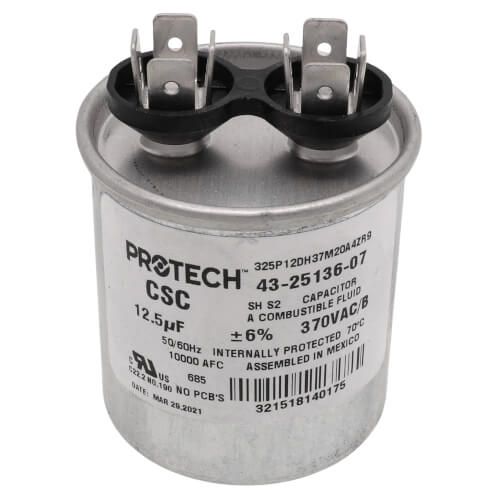 Rheem 43-25136-07 - Single Round Capacitor - 12.5 uF, 370 VAC, 1.890 x 2.170 (max.) in.