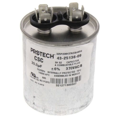 Rheem 43-25136-09 - Single Round Capacitor - 20 uF, 370 VAC, 2.120 x 2.560 (max.) in.