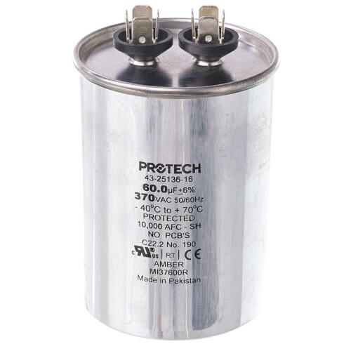 Rheem 43-25136-16 - Single Round Capacitor - 60 uF, 370 VAC, 2.620 x 4.920 (max.) in.
