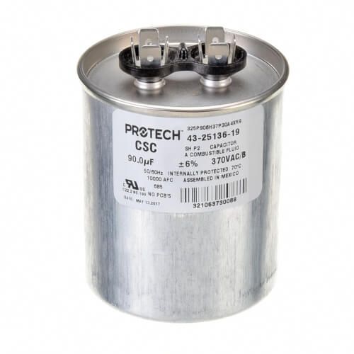 Rheem 43-25136-19 - Single Round Capacitor - 90 uF, 370 VAC, 2.620 x 5.870 (max.) in.