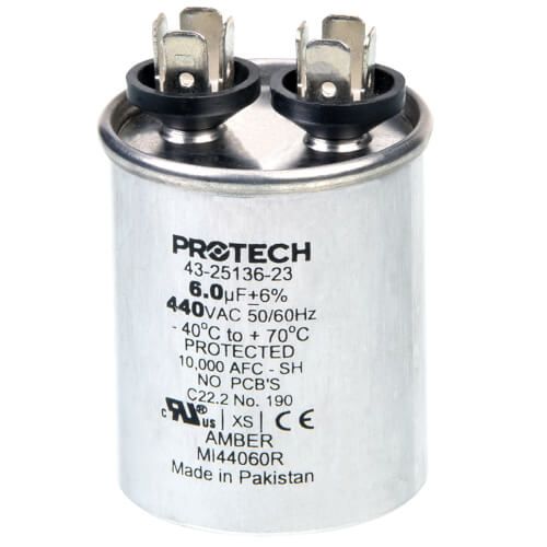 Rheem 43-25136-23 - Single Round Capacitor - 6 uF, 440 VAC, 1.890 x 2.170 (max.) in.