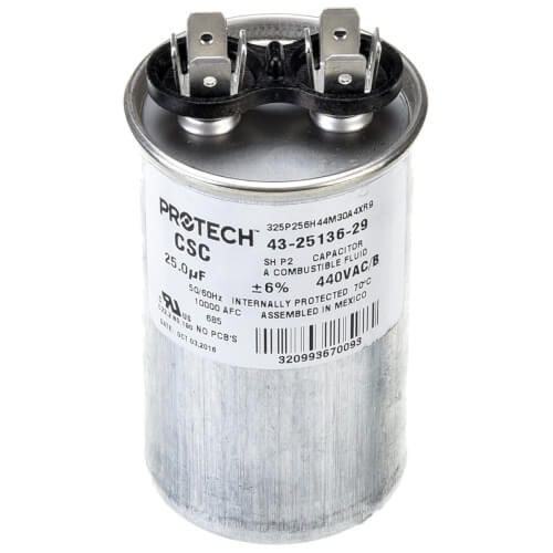 Rheem 43-25136-29 - Single Round Capacitor - 25 uF, 440 VAC, 1.890 x 3.940 (max.) in.