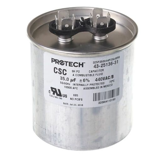 Rheem 43-25136-31 - Single Round Capacitor - 35 uF, 440 VAC, 2.620 x 3.940 (max.) in.