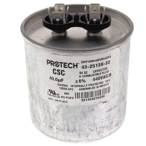 Rheem 43-25136-32 - Single Round Capacitor - 40 uF, 440 VAC, 2.620 x 3.940 (max.) in.