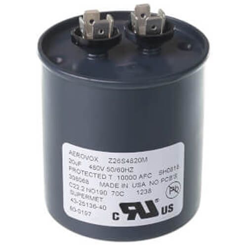 Rheem 43-25136-40 - Single Round Capacitor - 20 uF, 440 VAC, 2.620 x 5.000 (max.) in.