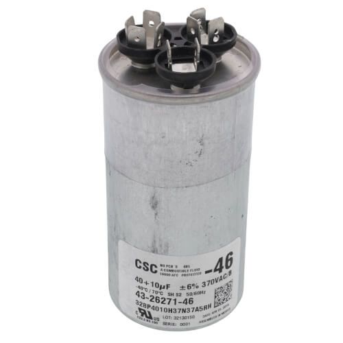 Rheem 43-26271-46 - Dual Round Capacitor - 40/10 uF, 370 VAC, 2.125 x 3.750 in.