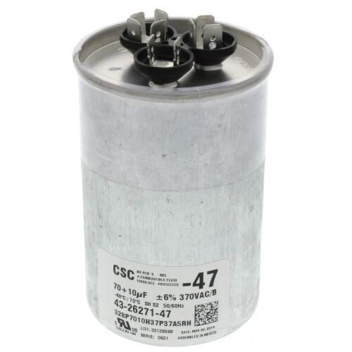 Rheem 43-26271-47 - Dual Round Capacitor - 70/10 uF, 370 VAC, 2.620 x 3.750 in.