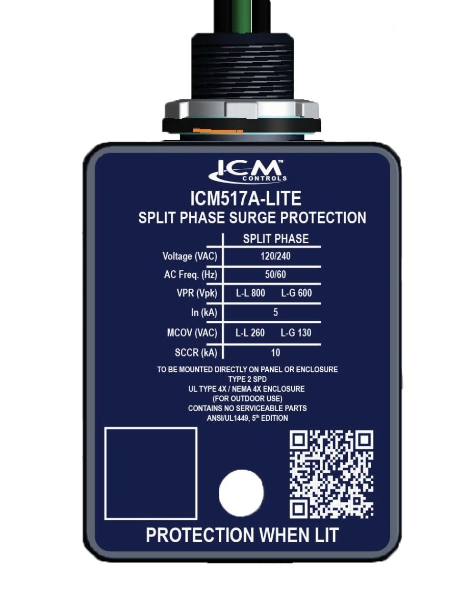 ICM Controls ICM517A-LITE - Split-Phase Type 2 Surge Protective Device (SPD) — 120/240V, 60kA, NEMA 4X, Compact