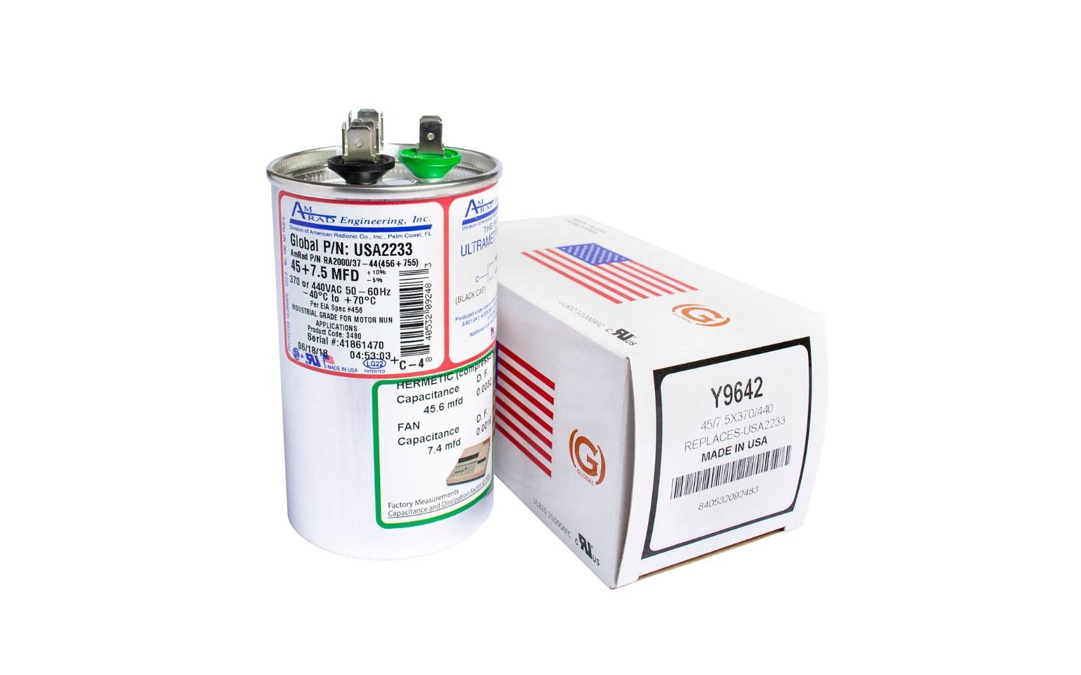 Lennox Y9642 - AmRad USA2233, 45/7.5 MFD Dual Run Capacitor, 440 VAC, Round