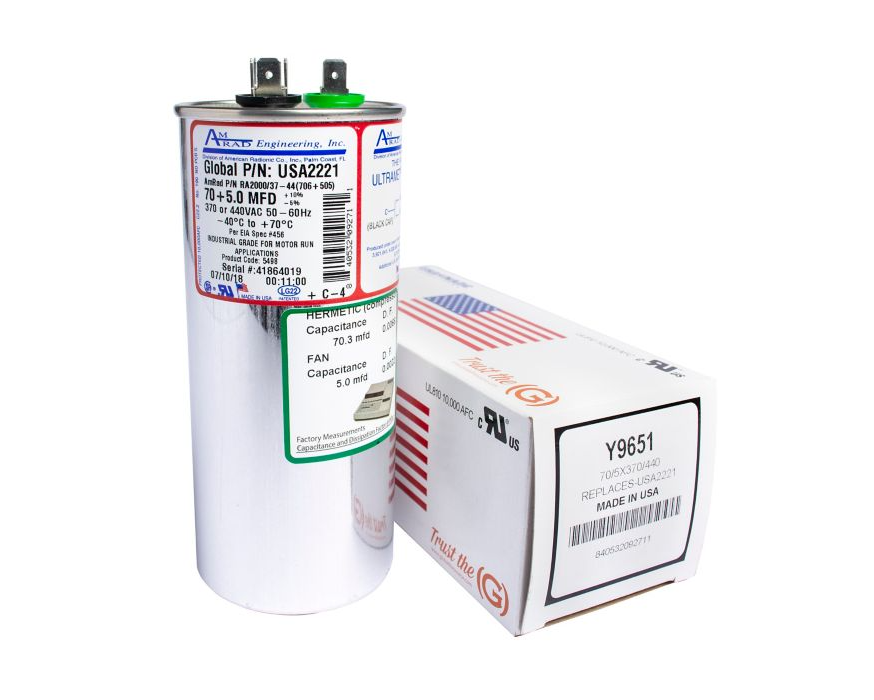 Lennox Y9651 – AmRad USA2221 Dual Run Capacitor, 70/5 MFD, 440 VAC, Round HVAC Motor Capacitor