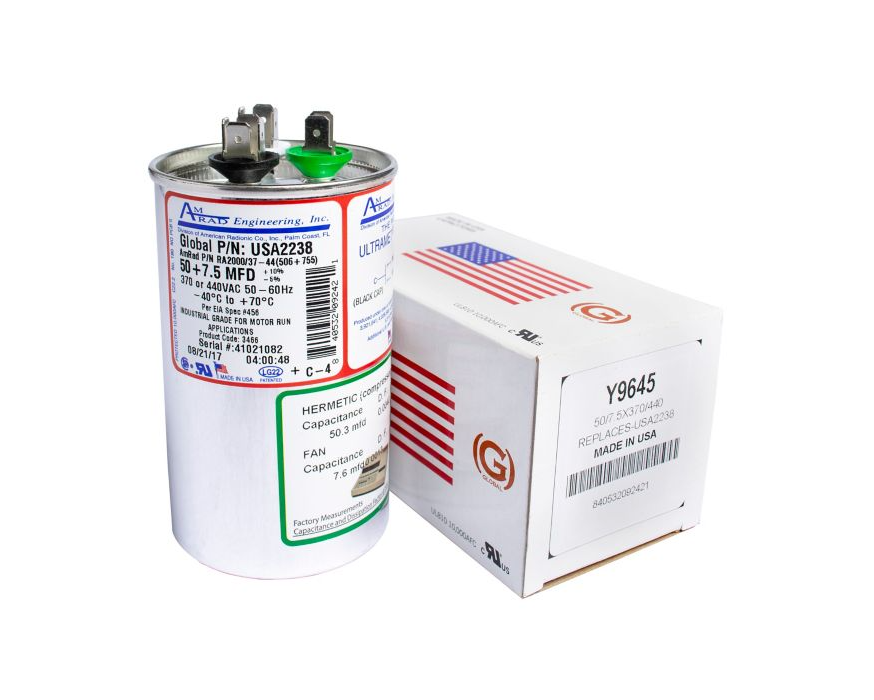 Lennox Y9645 - AmRad USA2238, 50/7.5 MFD Dual Run Capacitor, 440 VAC, Round