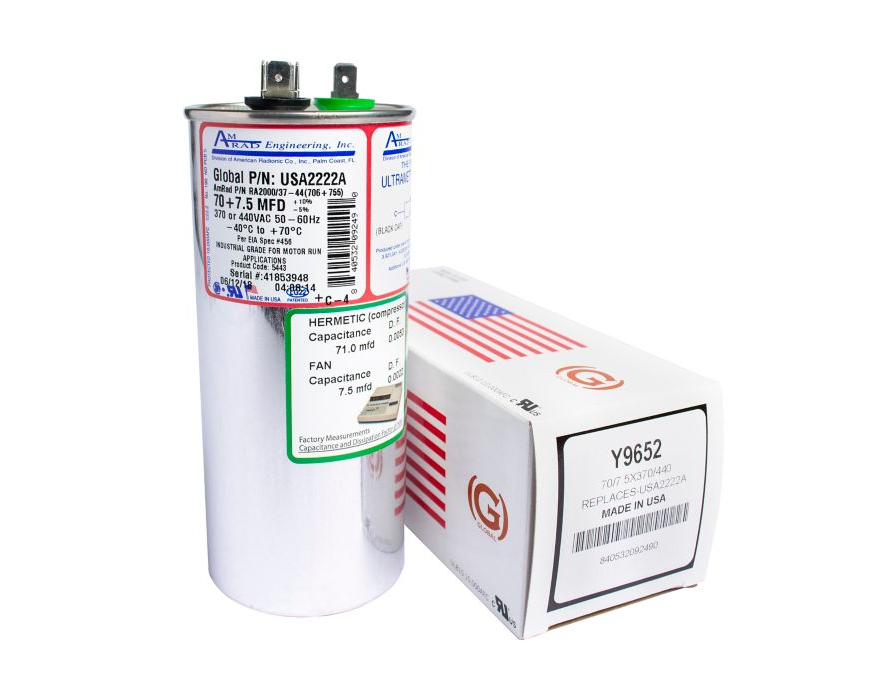 AmRad USA2222A, 70/7.5 MFD Dual Run Capacitor, 440 VAC, Round