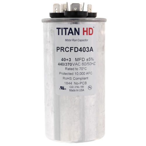 Titan Pro PRCFD403A - 40/3 MFD Round Dual Motor Run Capacitor (440/370V)