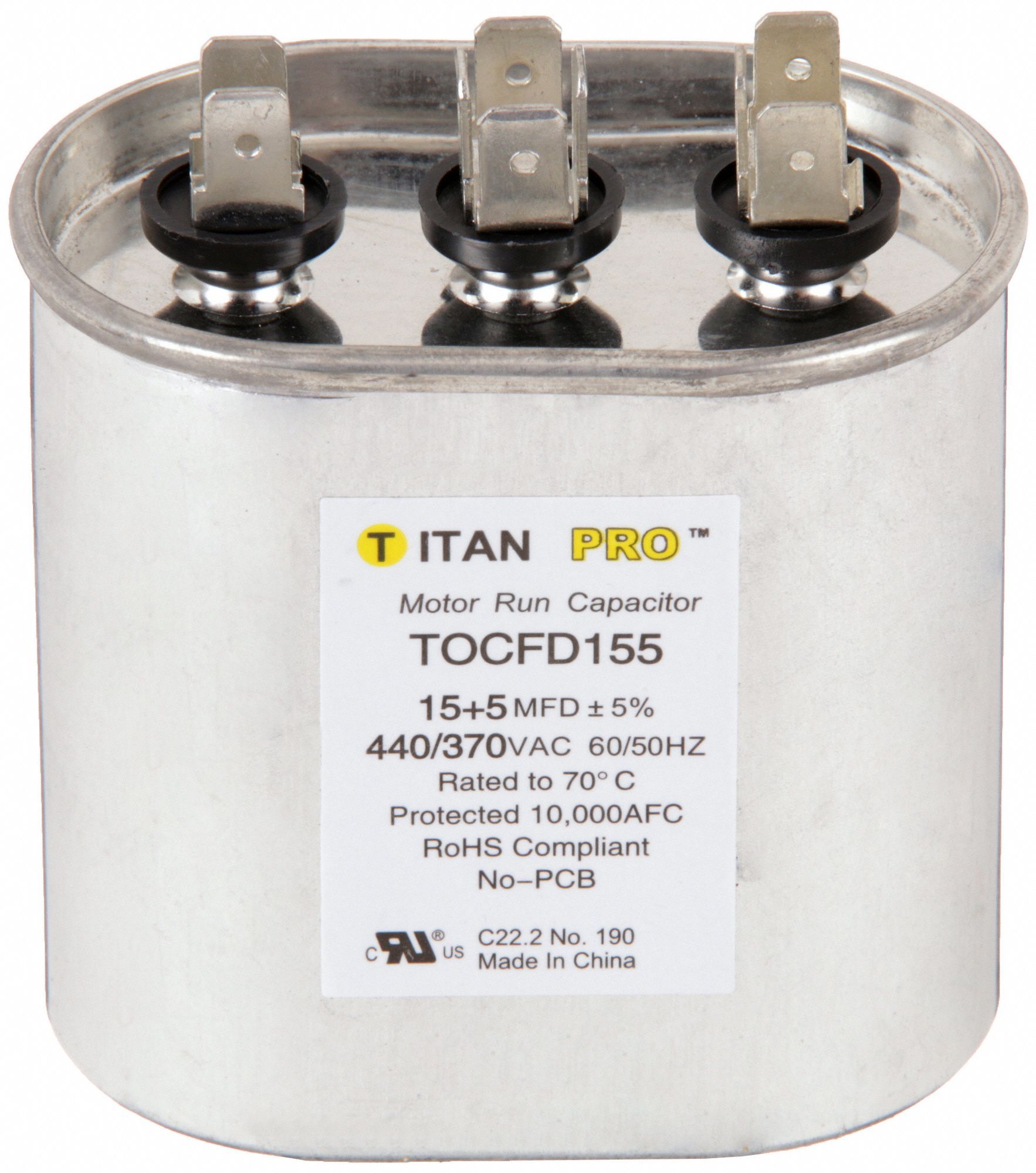 Titan Pro TOCFD155 - 15/5 MFD Oval Dual Motor Run Capacitor (440/370V)