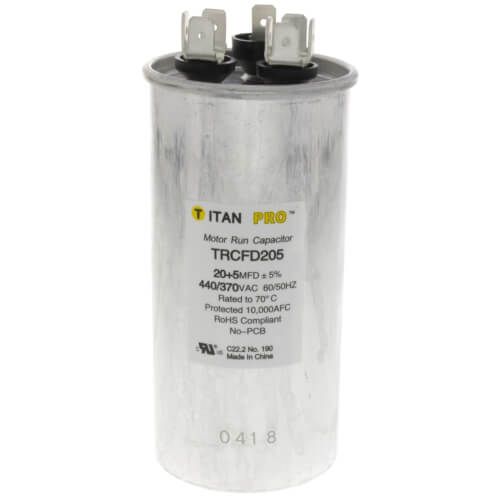 Titan Pro TRCFD205 - 20/5 MFD Round Dual Motor Run Capacitor (440/370V)