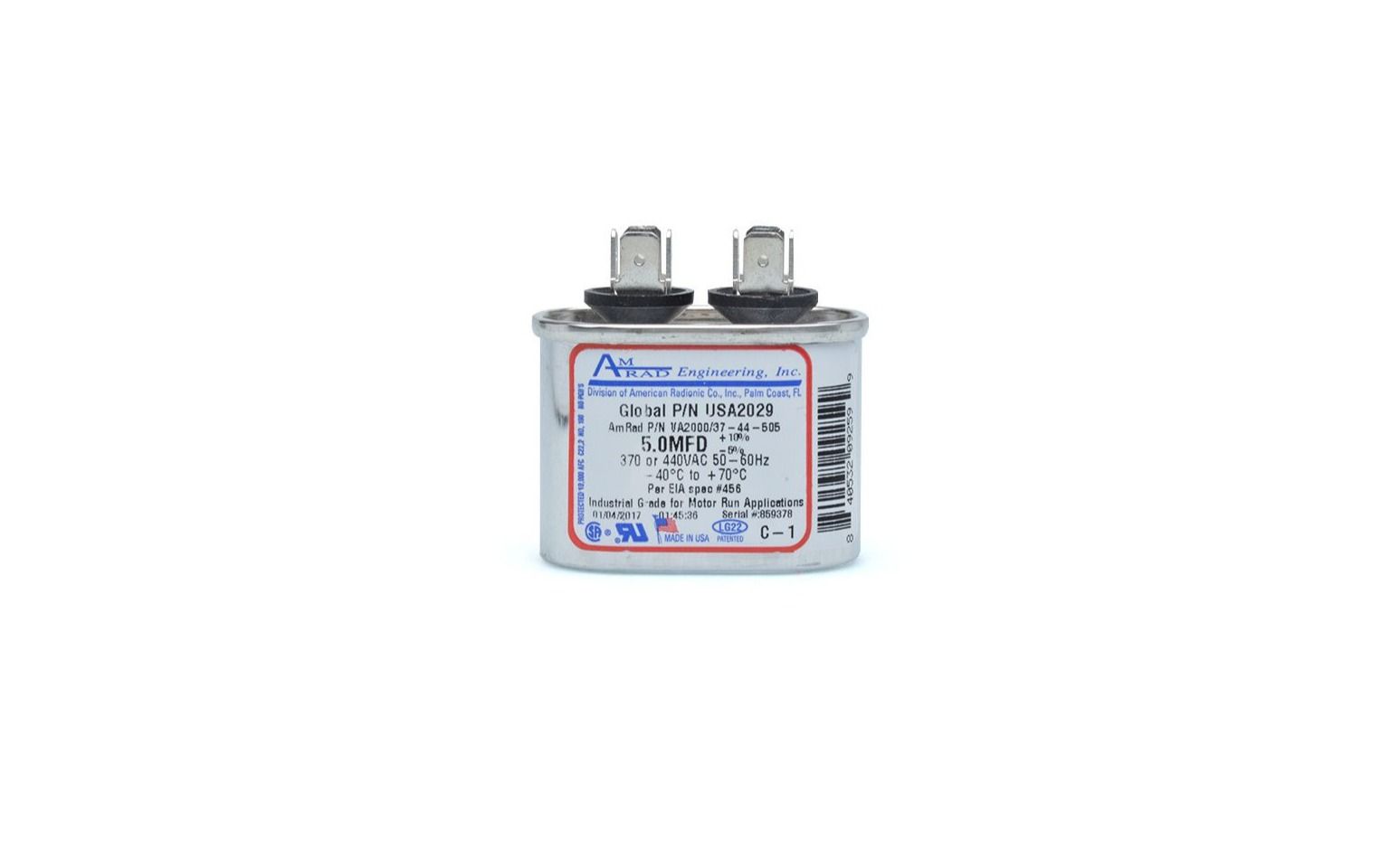 Lennox Y9288 - AmRad USA2029, Run Capacitor, 5 MFD, 440V, Oval