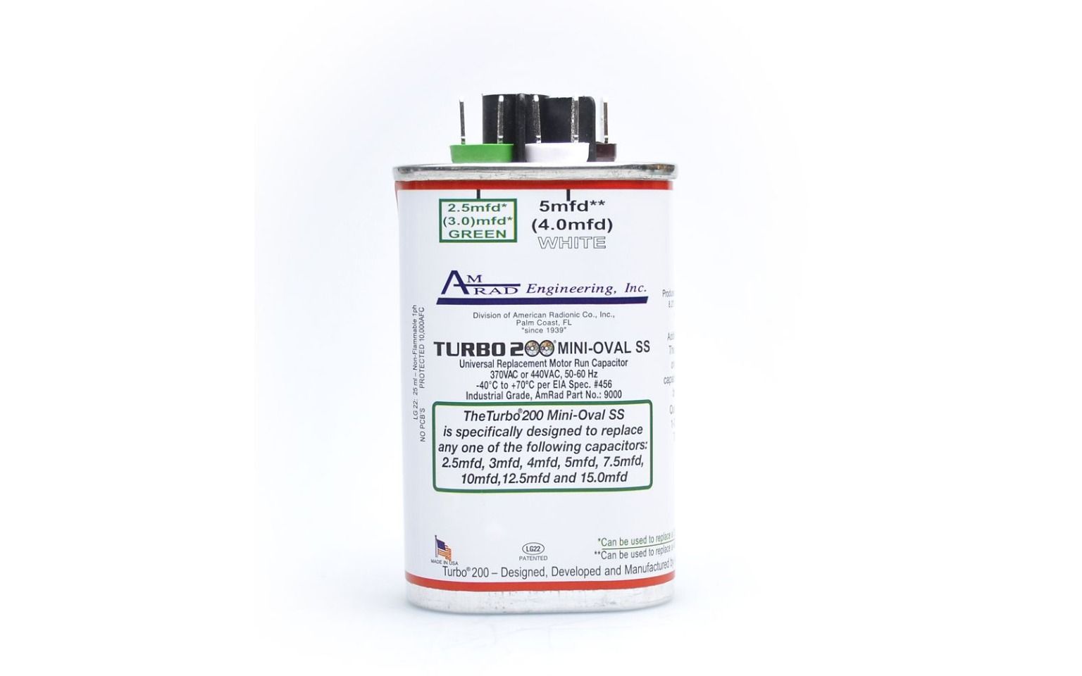 Lennox Y9294 - AmRad TURBO MINI OVAL, Universal Run Capacitor, 2.5 to 15 MFD, 440V, Oval