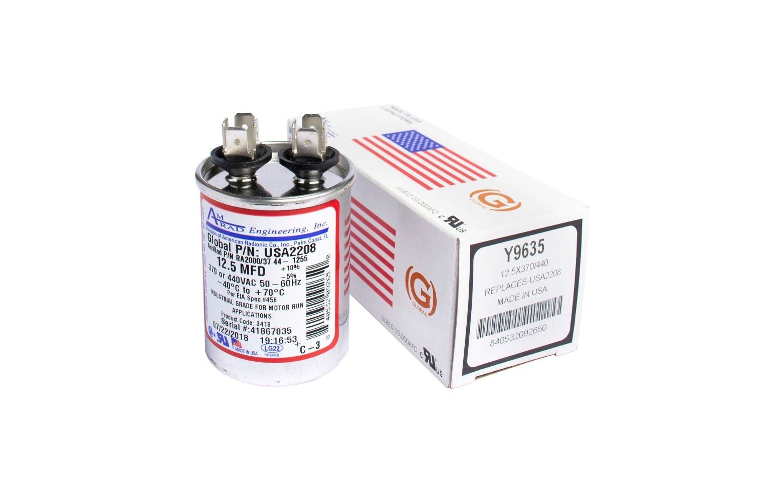 Lennox Y9635 - AmRad USA2208, Run Capacitor, 12.5 MFD, 440V, Round