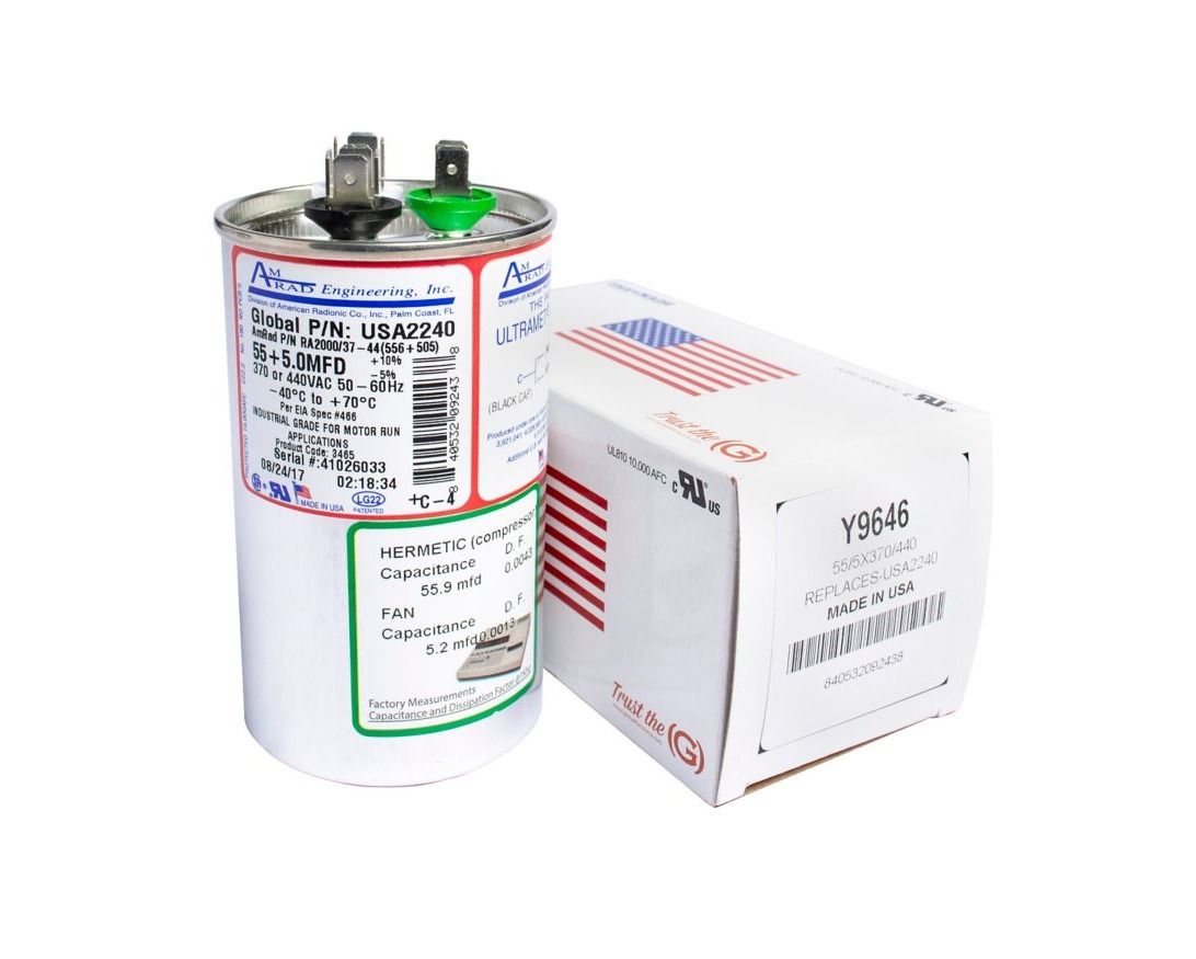 Lennox Y9646 – AmRad USA2240 Dual Run Capacitor, 55/5 MFD, 440 VAC, Round, OEM HVAC Replacement Part